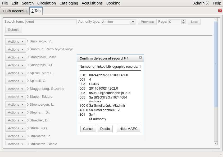 Confirmation dialog for authority record deletion